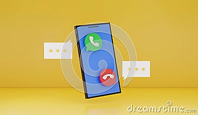 3D Rendering : Illustration of smartphone with call-in and call-out icon. yellow background. smart gadget technology concept. con Stock Photo