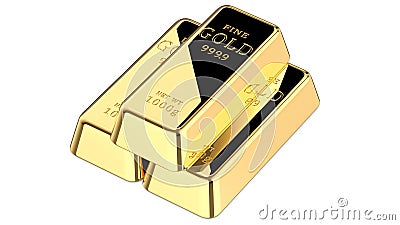 3D rendering illustration of three gold bars with black reflection. Stack of gold bullions isolated on white background Cartoon Illustration