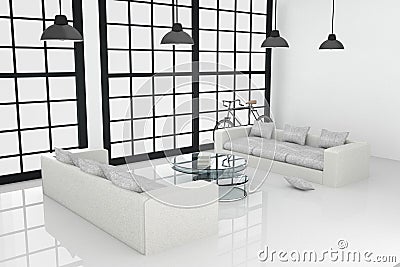 3D rendering : illustration of White interior design of large living room Cartoon Illustration