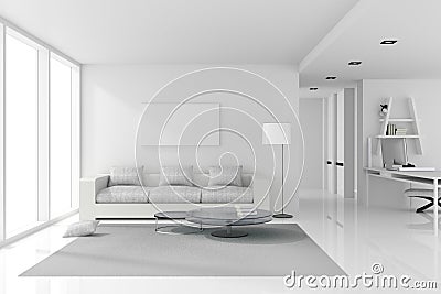 3D rendering : illustration of White interior design of living room with white modern style furniture.shiny white floor. Cartoon Illustration