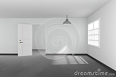 3D rendering : illustration of White interior empty living room design with a vintage lamp hanging.shiny gray floor.sun light Cartoon Illustration