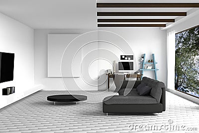 3D Rendering : illustration of white Living room interior design with dark sofa.blank picture frames.shelves and white walls. Cartoon Illustration