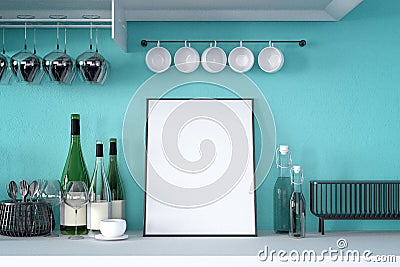 3d rendering : illustration of white mock up frame. hipster background. mock up white poster or picture frame.kitchen room Cartoon Illustration