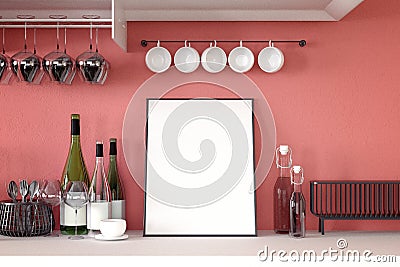 3d rendering : illustration of white mock up frame. hipster background. mock up white poster or picture frame.kitchen room Cartoon Illustration