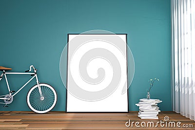 3d rendering : illustration of white mock up frame. hipster background. mock up white poster or picture frame. Cartoon Illustration