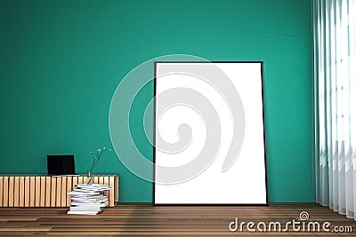 3d rendering : illustration of white mock up frame. hipster background. mock up white poster or picture frame. living room Cartoon Illustration