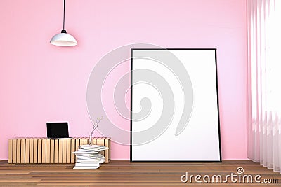 3d rendering : illustration of white mock up frame. hipster background. mock up white poster or picture frame. living room Cartoon Illustration