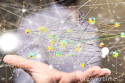 3D rendering of illustrative and interactive cyber network floating above the hand Stock Photo