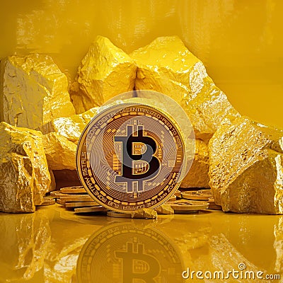 A 3D rendering image of group of gold bitcoin lay down on the floor depth of field shallow focus Stock Photo