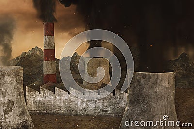 3d rendering of incineration plants and power plants with toxic fumes at apocalyptic environment Stock Photo