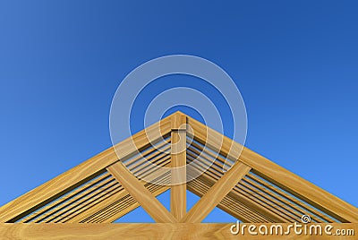 3d rendering. incomplete building new gable roof wood house construction work with clipping path isolated on blue sky background. Stock Photo