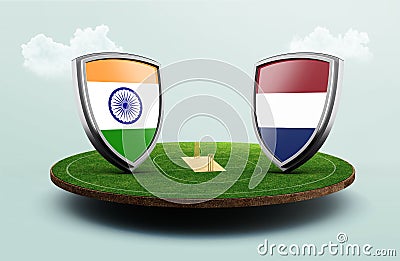 3d rendering of India vs Netherlands flags on shields in a stadium. Stock Photo