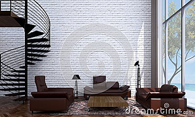 The modern lounge and living room interior design and brick wall texture background and sea view Stock Photo