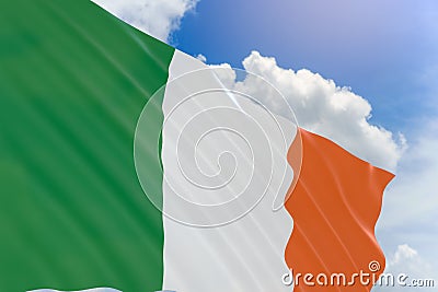 3D rendering of Ireland flag waving on blue sky background Stock Photo