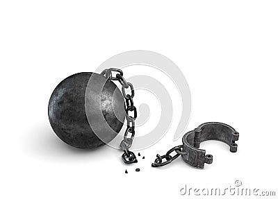 3d rendering of an isolated ball and chain lying broken near a leg shackle. Stock Photo