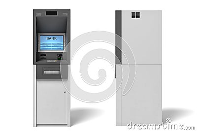 3d rendering of an isolated bank ATM machine with a lit blue screen on white background. Stock Photo