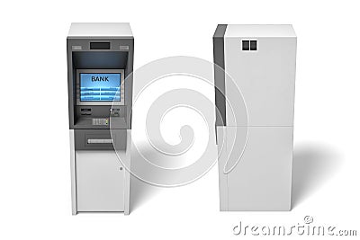 3d rendering of an isolated bank ATM machine with a lit blue screen on white background. Stock Photo