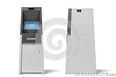 3d rendering of an isolated bank ATM machine with a lit blue screen on white background. Stock Photo