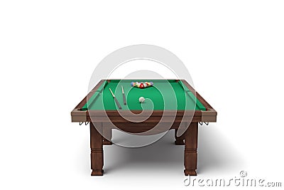 3d rendering of an isolated billiard table with a full set of sticks and balls in its surface. Stock Photo