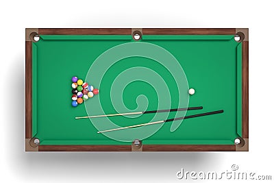 3d rendering of an isolated billiard table in a top view with a full set of sticks and balls in its surface. Stock Photo