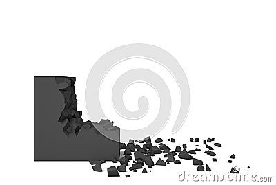 3d rendering of an isolated black square half destroyed with its uneven pieces lying nearby. Stock Photo