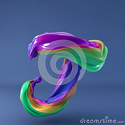 3d rendering of isolated letter. Wavy dabs of colorful paint by calligraphy brush in space. Three dimensional strokes. Stock Photo