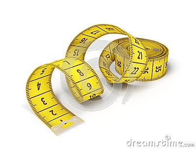 3d rendering of an isolated yellow tape measure half-rolled out with a metal clip on its end. Stock Photo