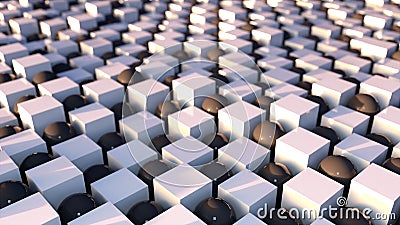 3d rendering abstract background. Wavy surface of cubes and balls arranged in a checkerboard design, computer generated. Stock Photo