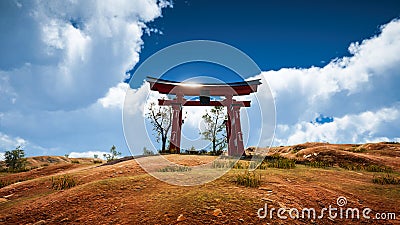 Japanese traditional gate Torii, symbol of Shintoism .Natural landscape 3D render Stock Photo