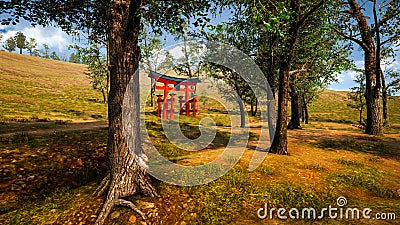 Japanese traditional gate Torii, symbol of Shintoism .Natural landscape 3D render Stock Photo