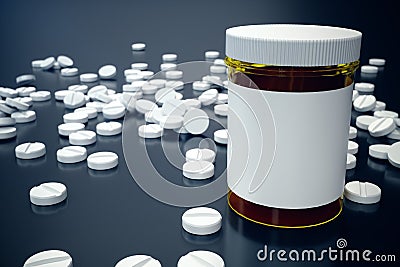 3D rendering Jar for pills, white pills scattered on the surface. Medicines for treatment. Pharmaceutical preparation Stock Photo