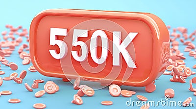 3D Rendering of 550K Text Badge on a Red Rounded Rectangle Accentuated by Scattered Shapes Stock Photo