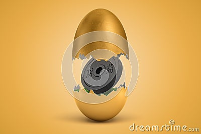 3d rendering of 15 kg weight plate hatching out of golden egg on yellow background Stock Photo