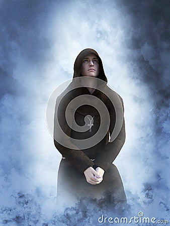 3D rendering of a kneeling christian monk praying. Stock Photo