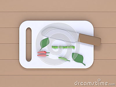 3d render knife chopping board and chili pepper vegetable top view on wood table cartoon style cooking kitchen concept Stock Photo