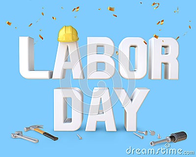 3D Rendering Labor Day Text With Worker Helmet And Hand Tools Isolated On Blue Background, PNG File Add - Transparent Background Stock Photo