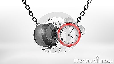 3d rendering of a large alarm clock swings on a metal chain and collides with a crumbling wrecking ball. Stock Photo