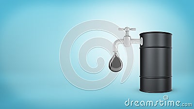 3d rendering of a large black barrel stands with a faucet in its side leaking large oil drops on a blue background. Stock Photo