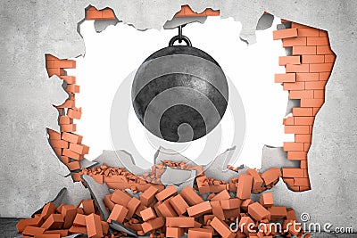 3d rendering of a large black wrecking ball hanging in a hole made in a brick wall with many bricks lying around. Stock Photo