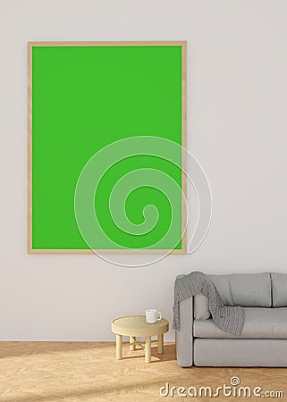 3d rendering Large frame display green screen for product advertising on white wall and gray sofa and small wooden table Stock Photo