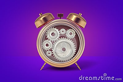 3d rendering of a large golden alarm clock with visible cogs and wheels inside. Stock Photo