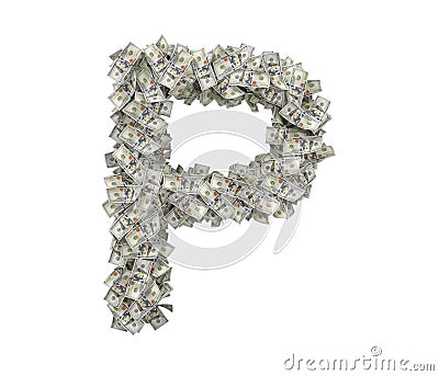 3d rendering of a large isolated large letter P made of one hundred dollar bills. Stock Photo