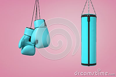 3d rendering of large pair of blue boxing mitts hangs near a blue boxing bag on a pink background. Stock Photo