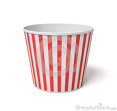 3d rendering of a large popcorn bucket with red and white stripes standing completely empty on a white background. Stock Photo