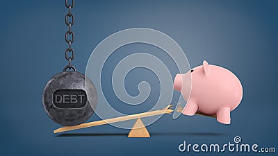 3d rendering of a large wrecking ball with a writing DEBT stands on a seesaw and overweighs a piggy bank that falls from Stock Photo