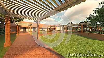 3D rendering of the lawn yard with lattice roofed walkway Stock Photo