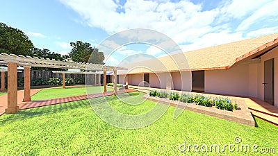 3D rendering of the lawn yard with lattice roofed walkway Stock Photo