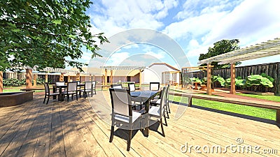 3D rendering of the lawn yard with lattice roofed walkway Stock Photo