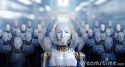 3d rendering of leader human robot portraits with robotics army, industrial group of cyborg machines on factory background. Stock Photo