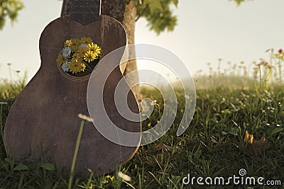 3d rendering of a leaning old ukulele filled with flowers Stock Photo